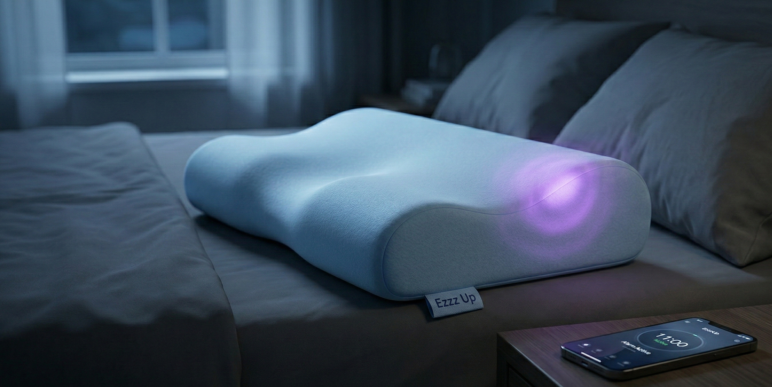 EzzzUp Standalone Vibrating Pillow on a bed with app